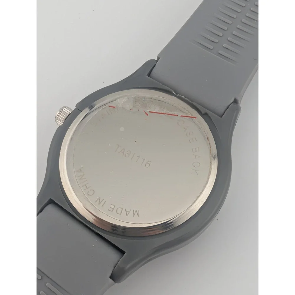 Men's Quartz Watch 41mm Plastic Case Gray Silicone Band- New‎ Battery